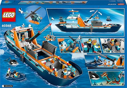 LEGO City Arktis-Forschungsschiff, großes schwimmfähiges Spielzeug-Boot mit Hubschrauber, Beiboot, ROV-U-Boot, Wikingerschiffswrack, 7 Minifiguren & Orca-Figur, Geschenk für Kinder ab 7 Jahren 60368