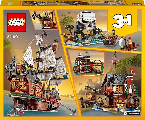 LEGO Creator 3-in-1 Piratenschiff Set, Spielzeug mit 3 Baumöglichkeiten, Baue in Piraten-Taverne oder Pirateninsel mit Totenkopf um, inklusive 3 Minifiguren für Rollenspiel-Abenteuer 31109