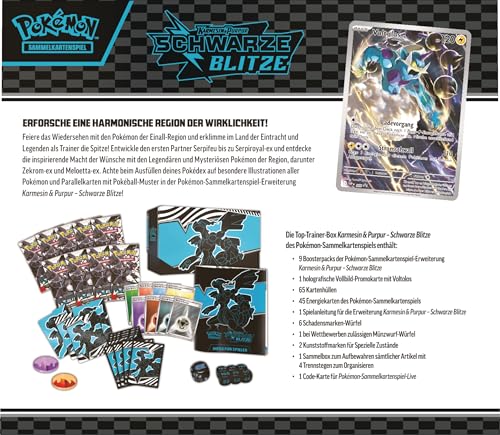Pokémon-Sammelkartenspiel: Top-Trainer-Box Karmesin & Purpur – Schwarze Blitze: Zekrom (1 Vollbild-Promokarte mit Voltolos, 9 Boosterpacks & Premium-Zubehör)