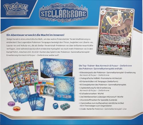 Pokémon-Sammelkartenspiel: Top-Trainer-Box Karmesin & Purpur – Stellarkrone (1 Vollbild-Promokarte, 9 Boosterpacks & Premium-Zubehör)