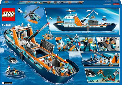 LEGO City Arktis-Forschungsschiff, großes schwimmfähiges Spielzeug-Boot mit Hubschrauber, Beiboot, ROV-U-Boot, Wikingerschiffswrack, 7 Minifiguren & Orca-Figur, Geschenk für Kinder ab 7 Jahren 60368