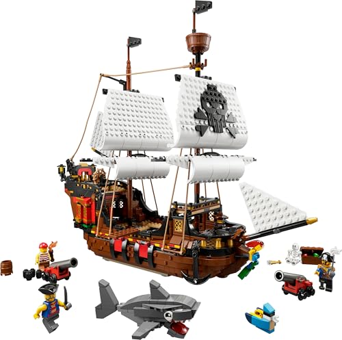 LEGO Creator 3-in-1 Piratenschiff Set, Spielzeug mit 3 Baumöglichkeiten, Baue in Piraten-Taverne oder Pirateninsel mit Totenkopf um, inklusive 3 Minifiguren für Rollenspiel-Abenteuer 31109