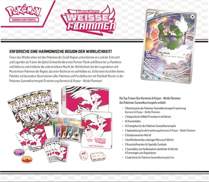 Pokémon-Sammelkartenspiel: Top-Trainer-Box Karmesin & Purpur – Weiße Flammen: Reshiram (1 Vollbild-Promokarte mit Boreos, 9 Boosterpacks & Premium-Zubehör)