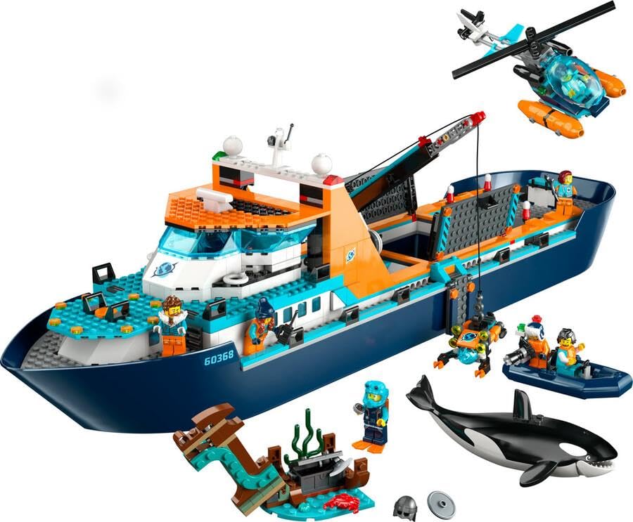 LEGO City Arktis-Forschungsschiff, großes schwimmfähiges Spielzeug-Boot mit Hubschrauber, Beiboot, ROV-U-Boot, Wikingerschiffswrack, 7 Minifiguren & Orca-Figur, Geschenk für Kinder ab 7 Jahren 60368