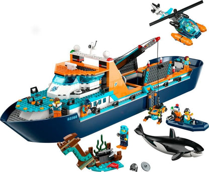 LEGO City Arktis-Forschungsschiff, großes schwimmfähiges Spielzeug-Boot mit Hubschrauber, Beiboot, ROV-U-Boot, Wikingerschiffswrack, 7 Minifiguren & Orca-Figur, Geschenk für Kinder ab 7 Jahren 60368
