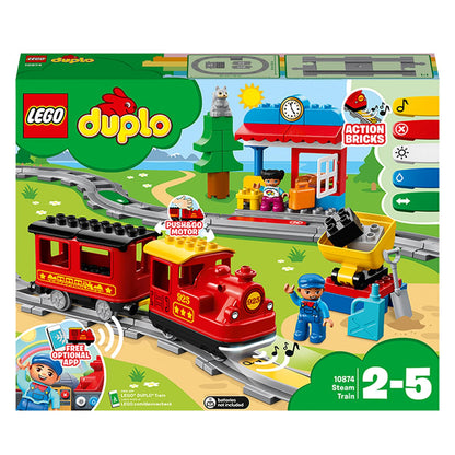 LEGO DUPLO Dampfeisenbahn, Eisenbahn-Spielzeug aus LEGO Steinen mit Tierfigur, Zug-Spielzeug für Jungen und Mädchen, mit Licht & Geräuschen sowie Push-&-Go-Motor, Geschenk für Kinder ab 2 Jahren 10874