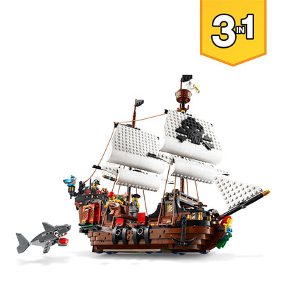 LEGO Creator 3-in-1 Piratenschiff Set, Spielzeug mit 3 Baumöglichkeiten, Baue in Piraten-Taverne oder Pirateninsel mit Totenkopf um, inklusive 3 Minifiguren für Rollenspiel-Abenteuer 31109