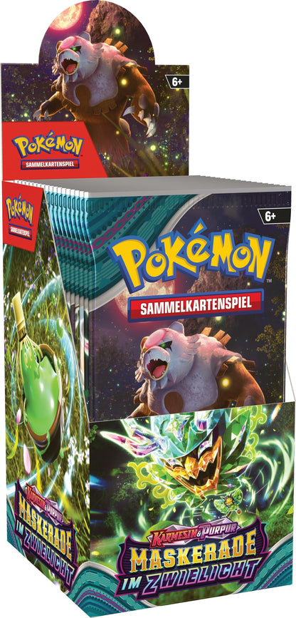 Pokémon-Sammelkartenspiel: Boosterpack-Display-Box Karmesin & Purpur – Maskerade im Zwielicht (18 Boosterpacks)