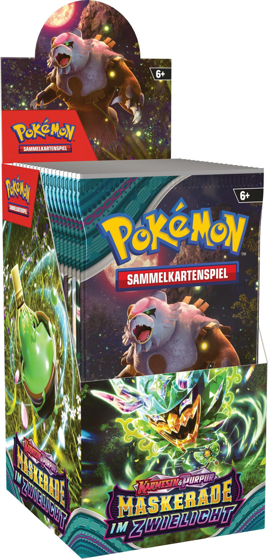 Pokémon-Sammelkartenspiel: Boosterpack-Display-Box Karmesin & Purpur – Maskerade im Zwielicht (18 Boosterpacks)