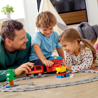 LEGO DUPLO Dampfeisenbahn, Eisenbahn-Spielzeug aus LEGO Steinen mit Tierfigur, Zug-Spielzeug für Jungen und Mädchen, mit Licht & Geräuschen sowie Push-&-Go-Motor, Geschenk für Kinder ab 2 Jahren 10874