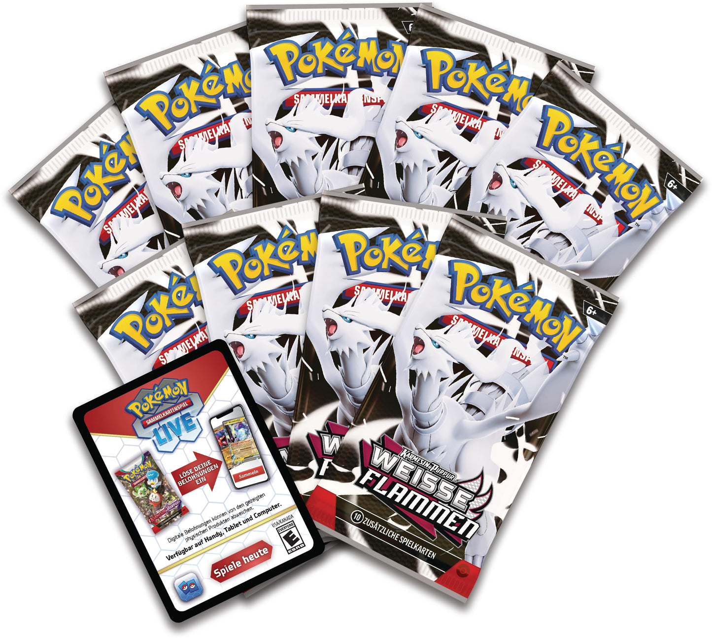 Pokémon-Sammelkartenspiel: Top-Trainer-Box Karmesin & Purpur – Weiße Flammen: Reshiram (1 Vollbild-Promokarte mit Boreos, 9 Boosterpacks & Premium-Zubehör)