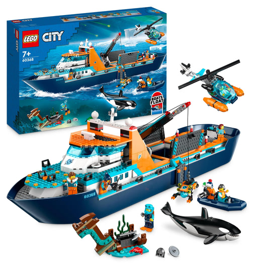 LEGO City Arktis-Forschungsschiff, großes schwimmfähiges Spielzeug-Boot mit Hubschrauber, Beiboot, ROV-U-Boot, Wikingerschiffswrack, 7 Minifiguren & Orca-Figur, Geschenk für Kinder ab 7 Jahren 60368