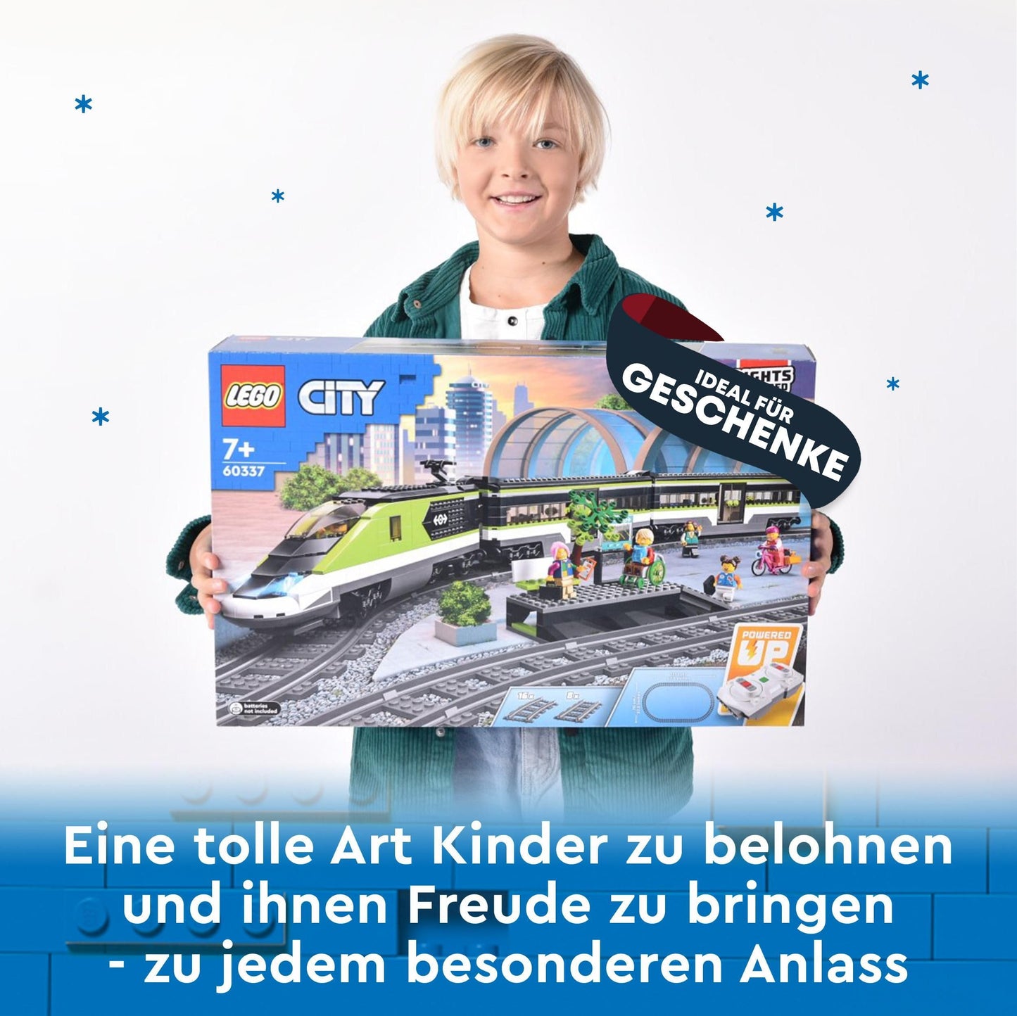 LEGO City Trains - Personen-Schnellzug -Ferngesteuertem Zug mit funktionierenden Scheinwerfern, 2 Waggons, 24 Gleisstücken & 6 Minifiguren – Geschenk für Jungen & Mädchen ab 7 Jahren - 60337