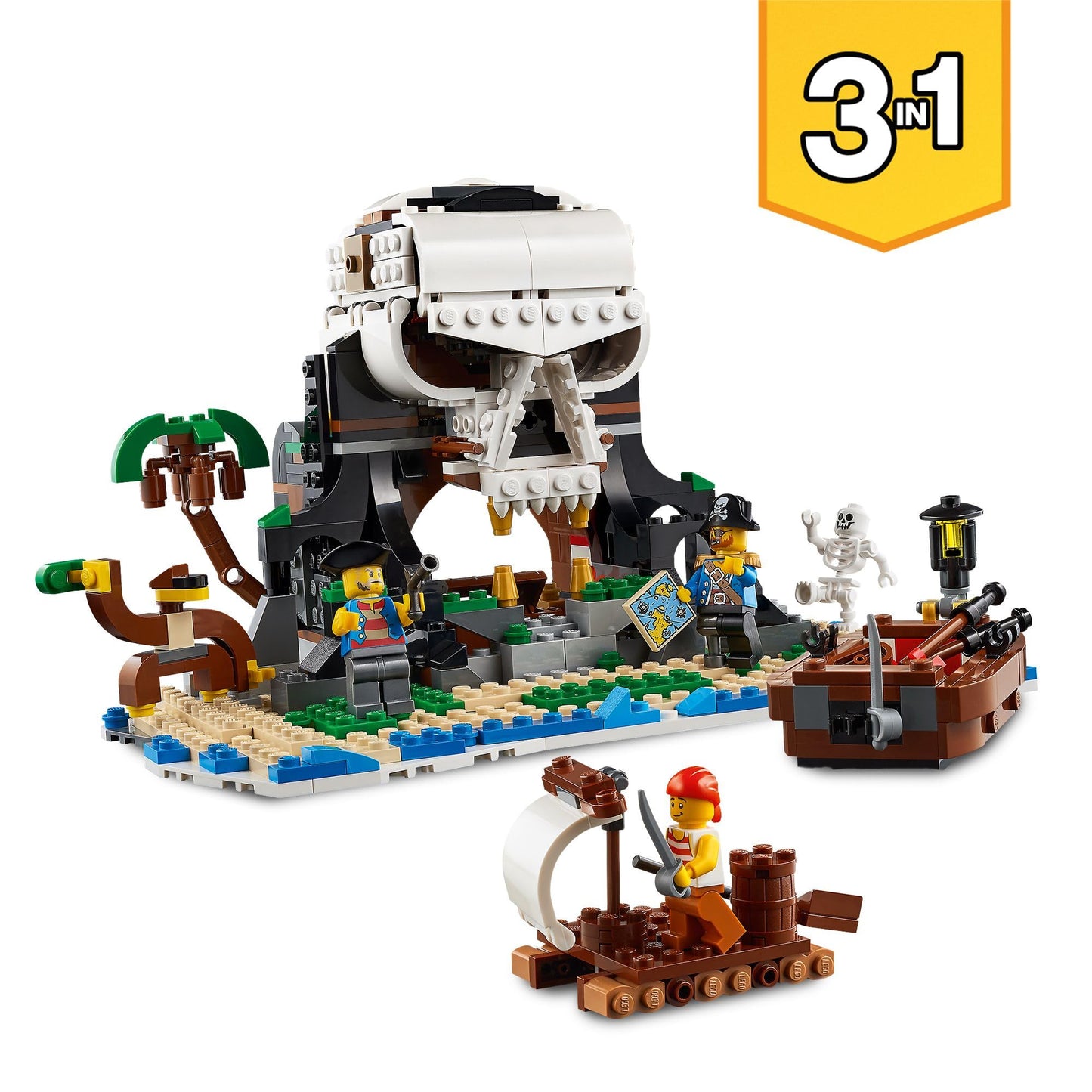 LEGO Creator 3-in-1 Piratenschiff Set, Spielzeug mit 3 Baumöglichkeiten, Baue in Piraten-Taverne oder Pirateninsel mit Totenkopf um, inklusive 3 Minifiguren für Rollenspiel-Abenteuer 31109