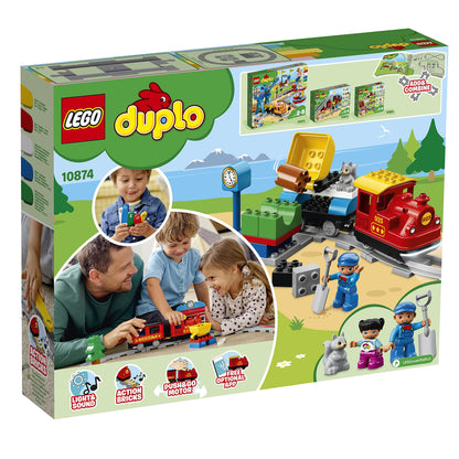 LEGO DUPLO Dampfeisenbahn, Eisenbahn-Spielzeug aus LEGO Steinen mit Tierfigur, Zug-Spielzeug für Jungen und Mädchen, mit Licht & Geräuschen sowie Push-&-Go-Motor, Geschenk für Kinder ab 2 Jahren 10874