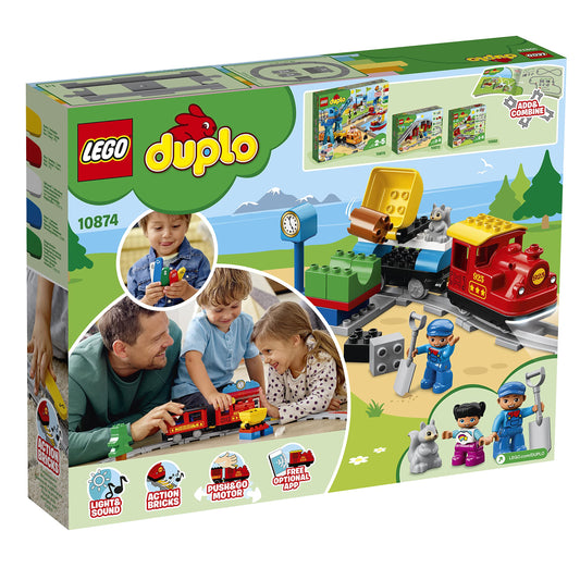 LEGO DUPLO Dampfeisenbahn, Eisenbahn-Spielzeug aus LEGO Steinen mit Tierfigur, Zug-Spielzeug für Jungen und Mädchen, mit Licht & Geräuschen sowie Push-&-Go-Motor, Geschenk für Kinder ab 2 Jahren 10874