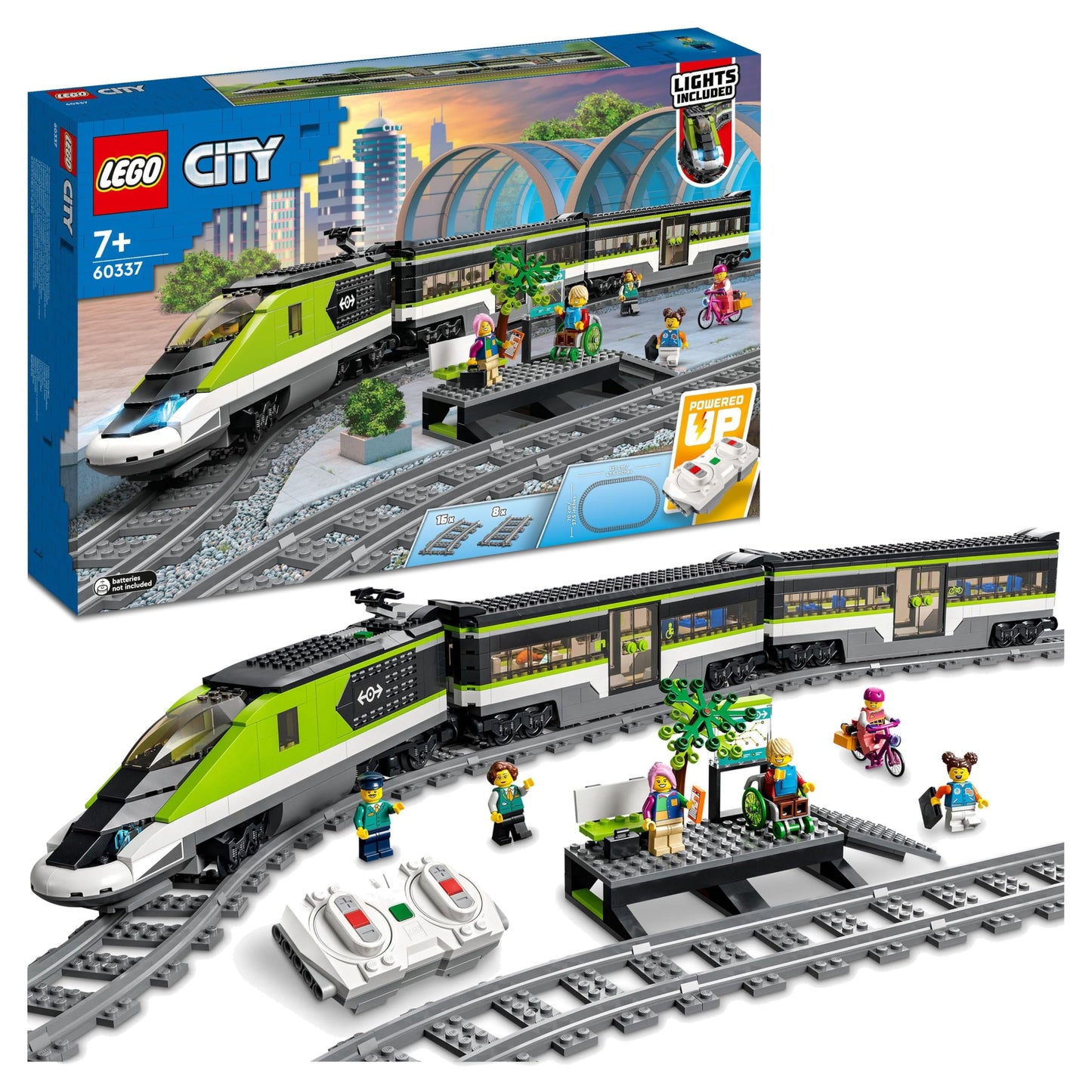 LEGO City Trains - Personen-Schnellzug -Ferngesteuertem Zug mit funktionierenden Scheinwerfern, 2 Waggons, 24 Gleisstücken & 6 Minifiguren – Geschenk für Jungen & Mädchen ab 7 Jahren - 60337