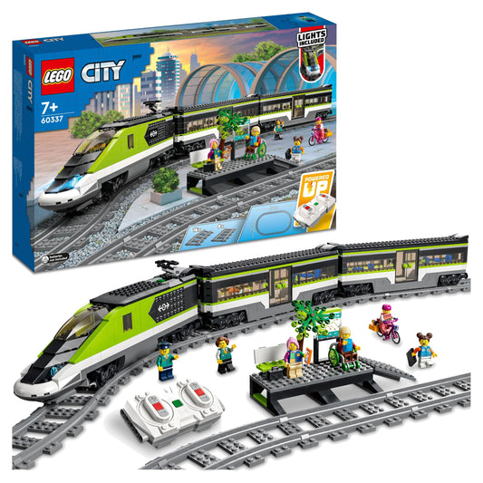 LEGO City Trains - Personen-Schnellzug -Ferngesteuertem Zug mit funktionierenden Scheinwerfern, 2 Waggons, 24 Gleisstücken & 6 Minifiguren – Geschenk für Jungen & Mädchen ab 7 Jahren - 60337