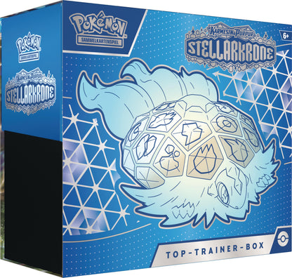 Pokémon-Sammelkartenspiel: Top-Trainer-Box Karmesin & Purpur – Stellarkrone (1 Vollbild-Promokarte, 9 Boosterpacks & Premium-Zubehör)