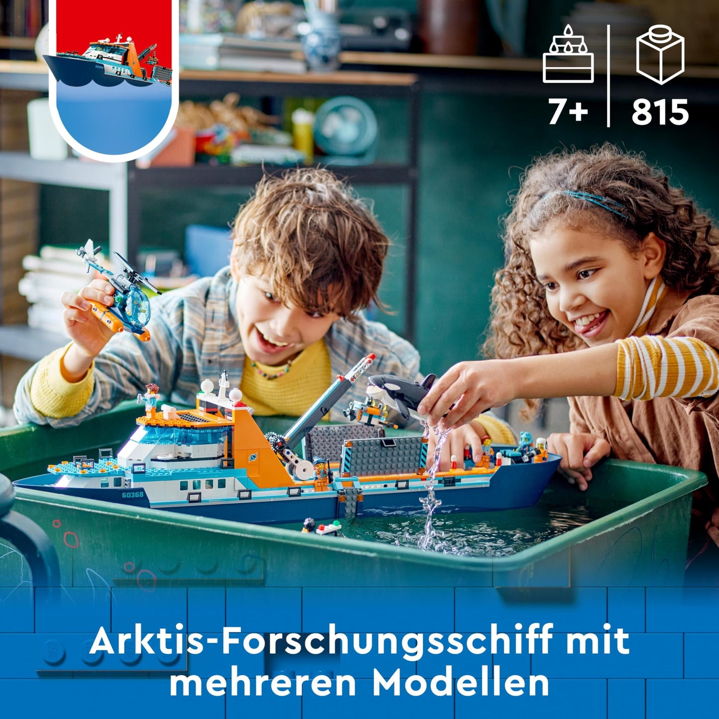 LEGO City Arktis-Forschungsschiff, großes schwimmfähiges Spielzeug-Boot mit Hubschrauber, Beiboot, ROV-U-Boot, Wikingerschiffswrack, 7 Minifiguren & Orca-Figur, Geschenk für Kinder ab 7 Jahren 60368