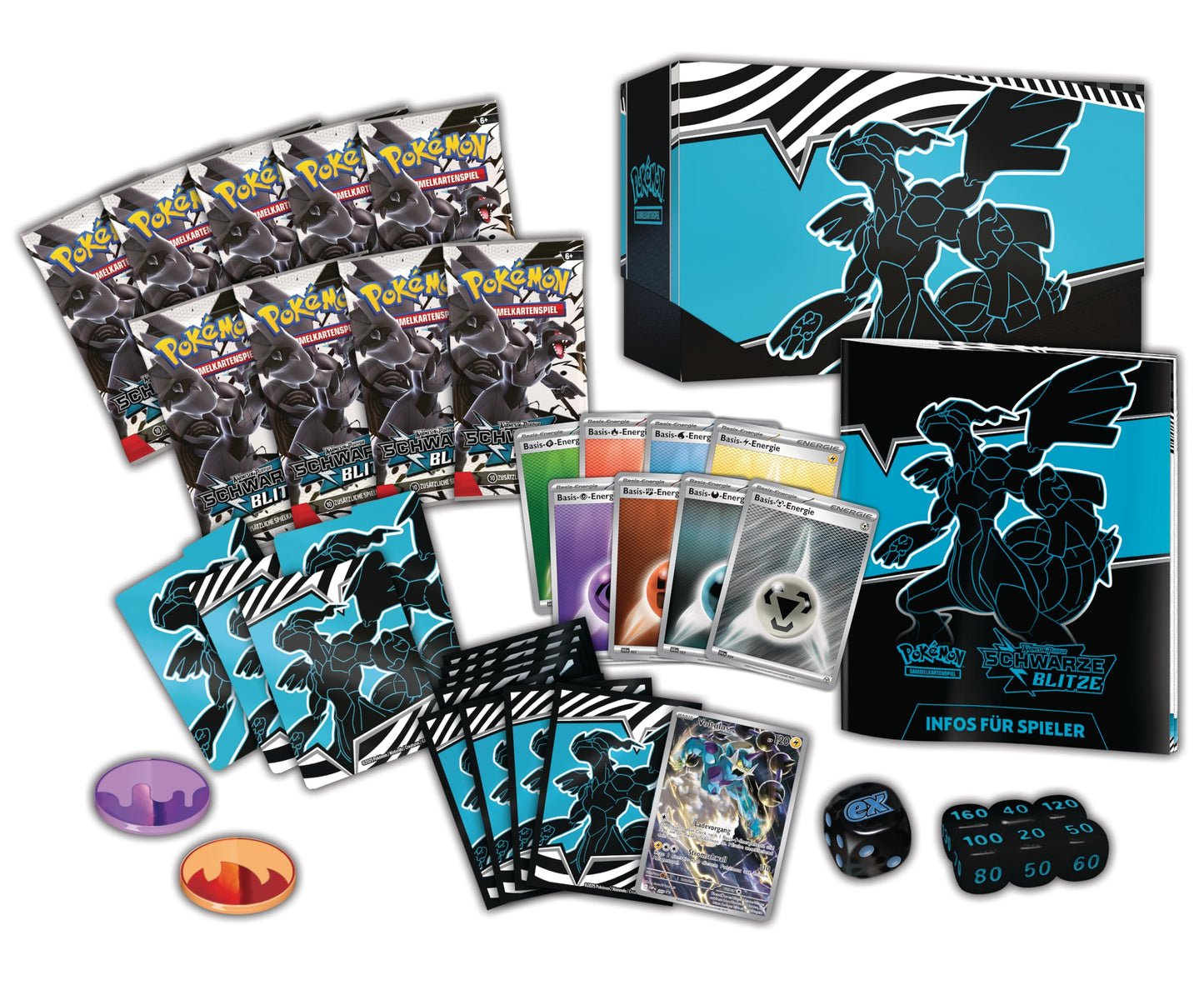 Pokémon-Sammelkartenspiel: Top-Trainer-Box Karmesin & Purpur – Schwarze Blitze: Zekrom (1 Vollbild-Promokarte mit Voltolos, 9 Boosterpacks & Premium-Zubehör)