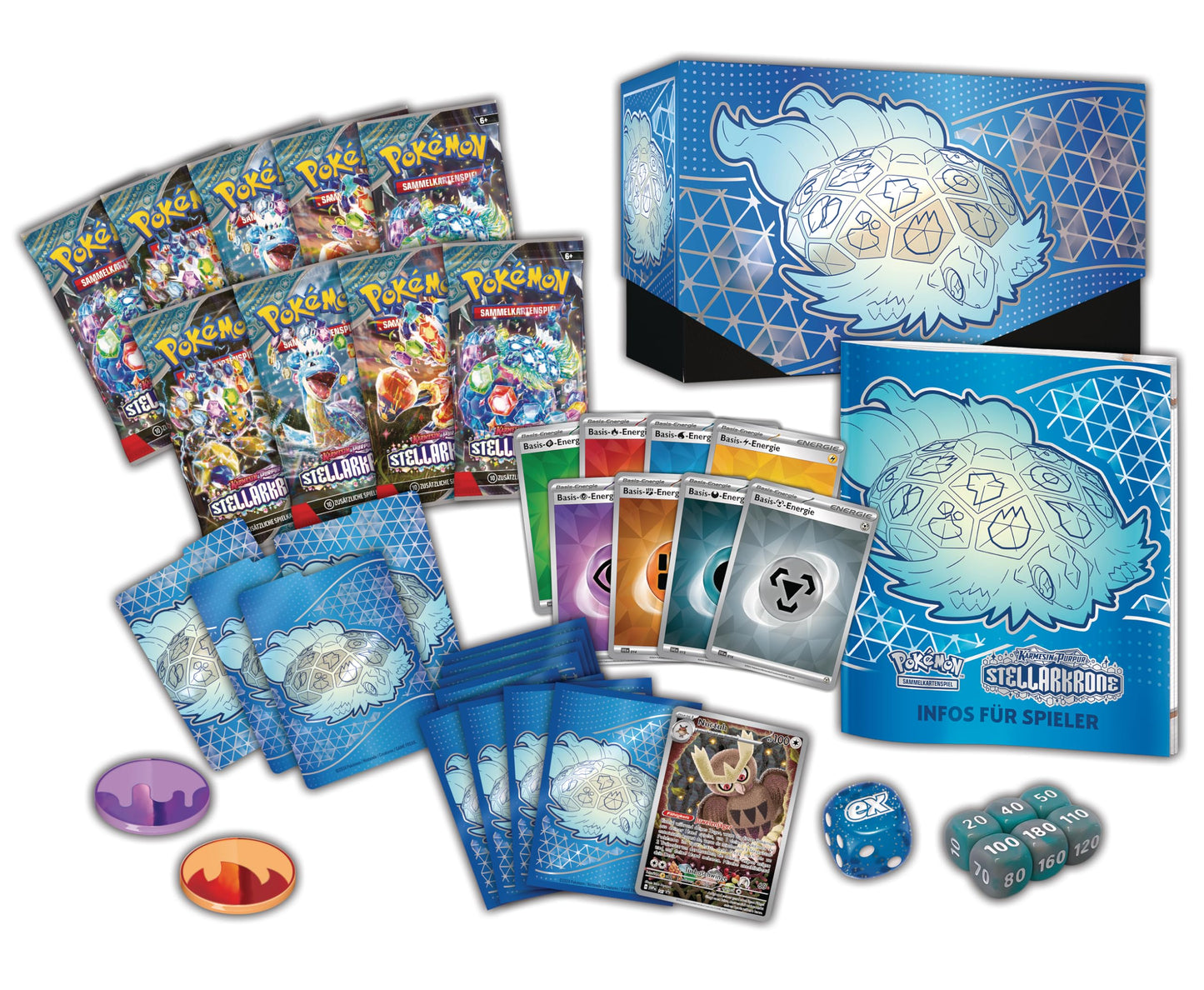 Pokémon-Sammelkartenspiel: Top-Trainer-Box Karmesin & Purpur – Stellarkrone (1 Vollbild-Promokarte, 9 Boosterpacks & Premium-Zubehör)